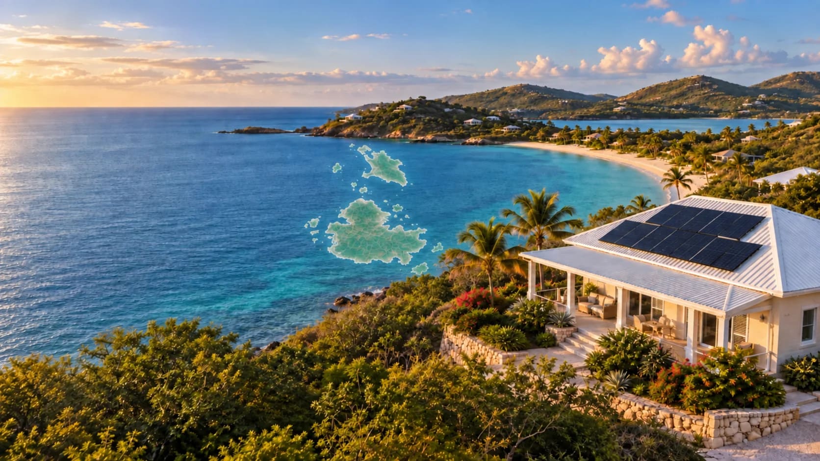 Antigua-inspired coastal home with rooftop solar; artistic illustration