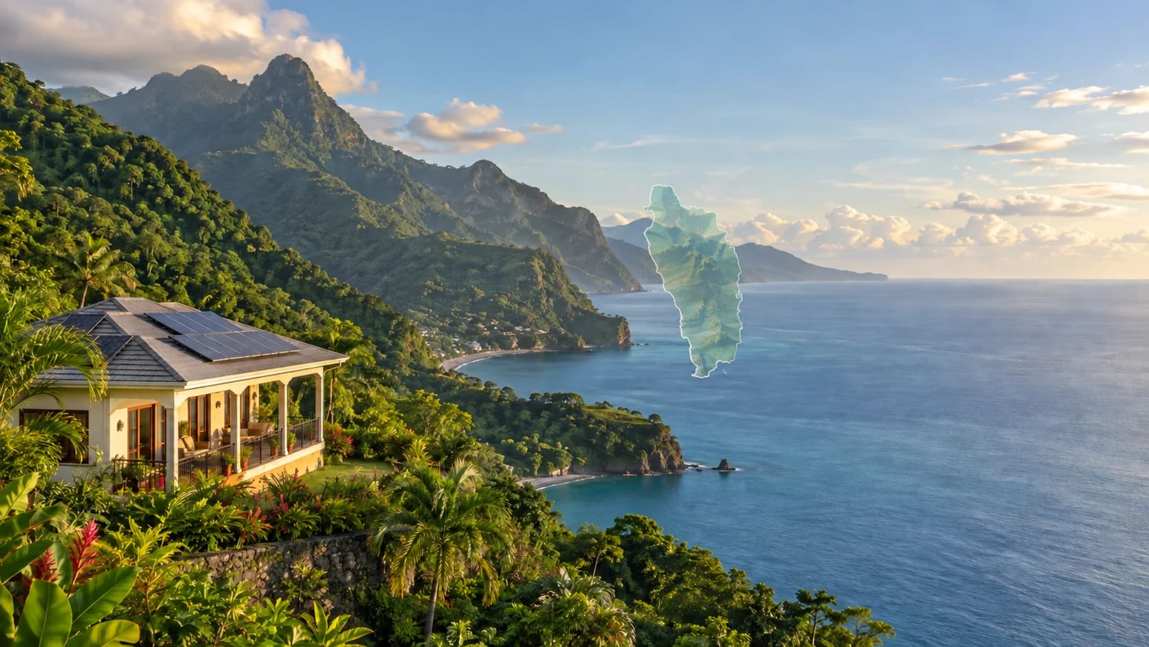 Dominica-inspired coastal home with rooftop solar; artistic illustration