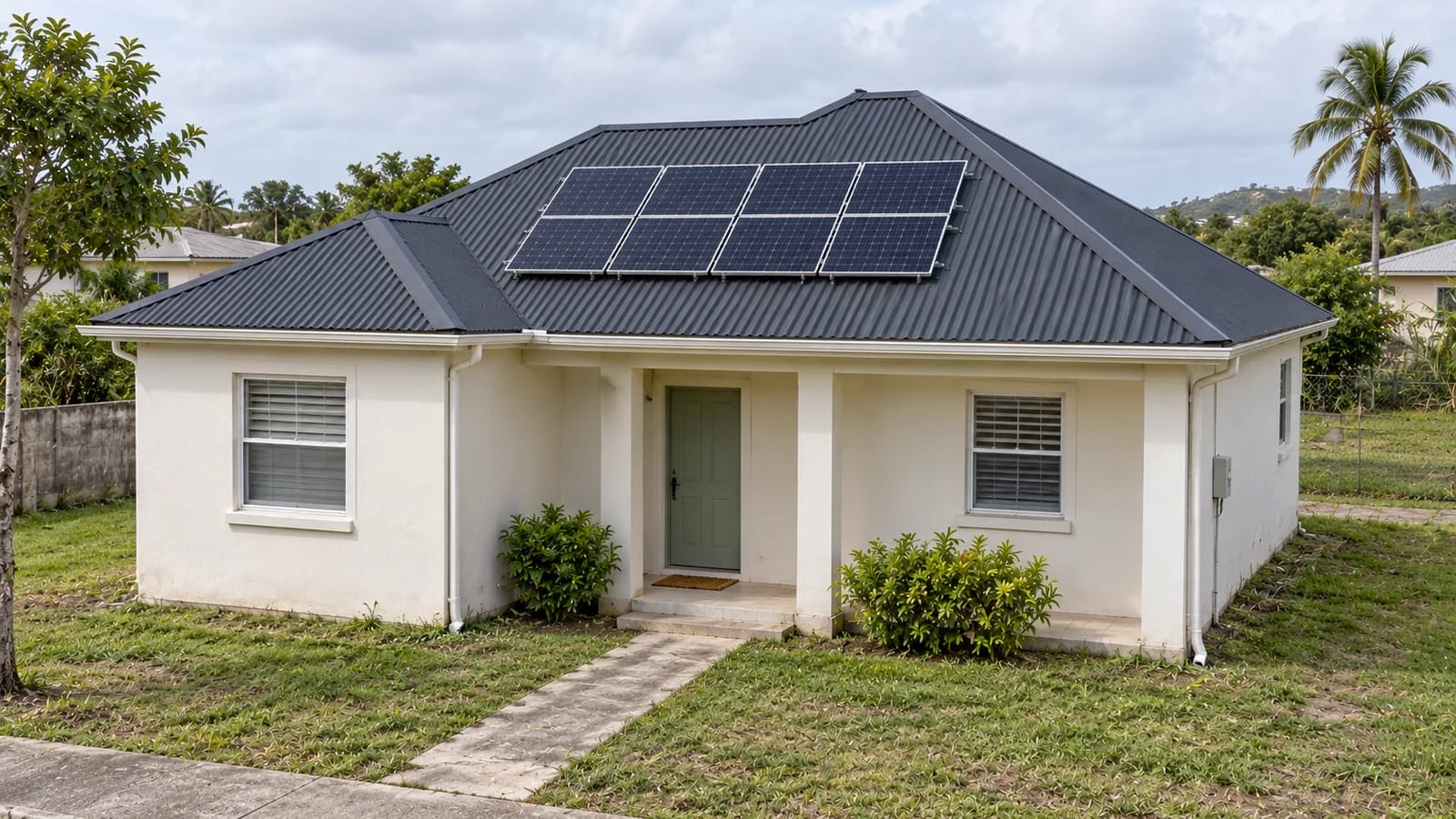 Single-storey Caribbean home with eight rooftop solar panels; illustrative installation scene