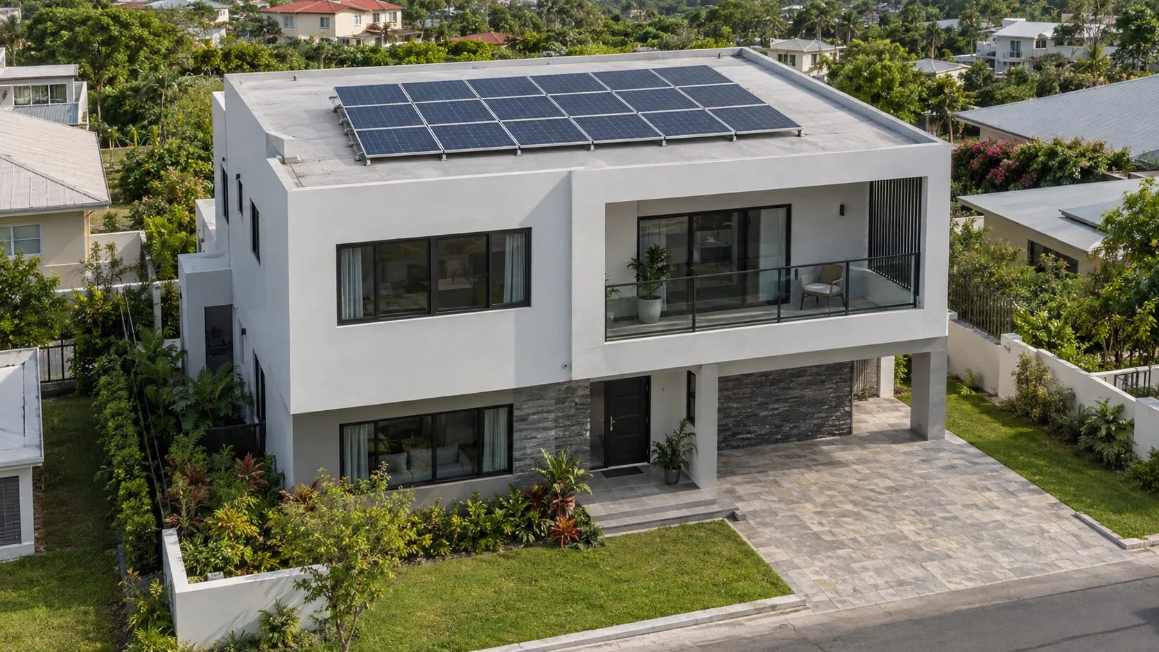 Modern two-storey villa with eighteen rooftop solar panels; illustrative installation scene